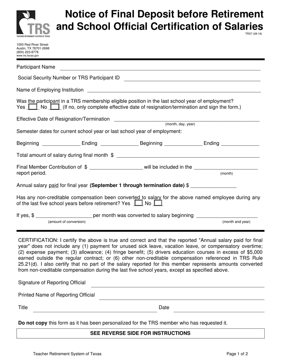 Form TRS7 Notice of Final Deposit Before Retirement and School Official Certification of Salaries - Texas, Page 1