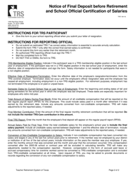 Form TRS7 Notice of Final Deposit Before Retirement and School Official Certification of Salaries - Texas, Page 2