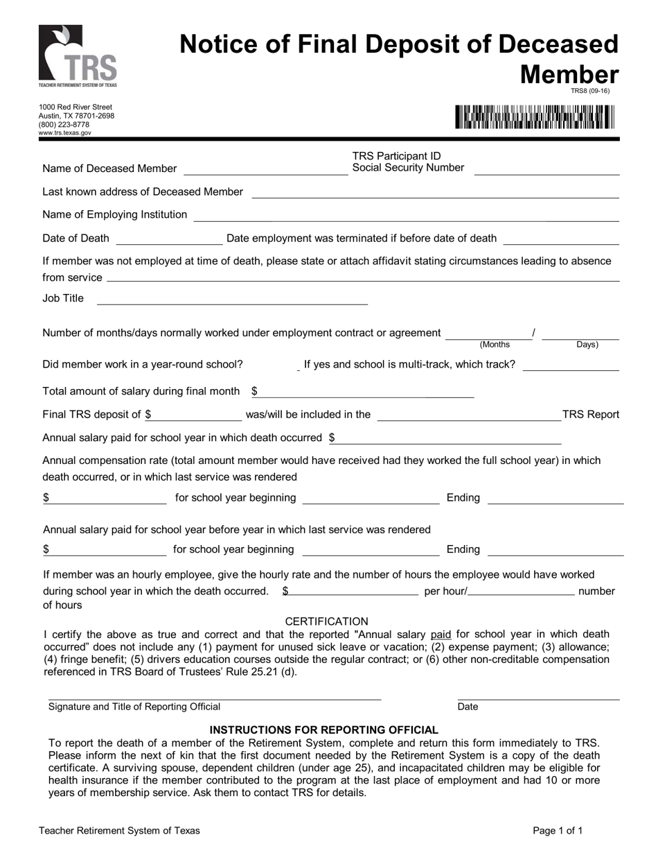 Trs 7 Form Form TRS8 - Fill Out, Sign Online and Download Fillable PDF, Texas ...