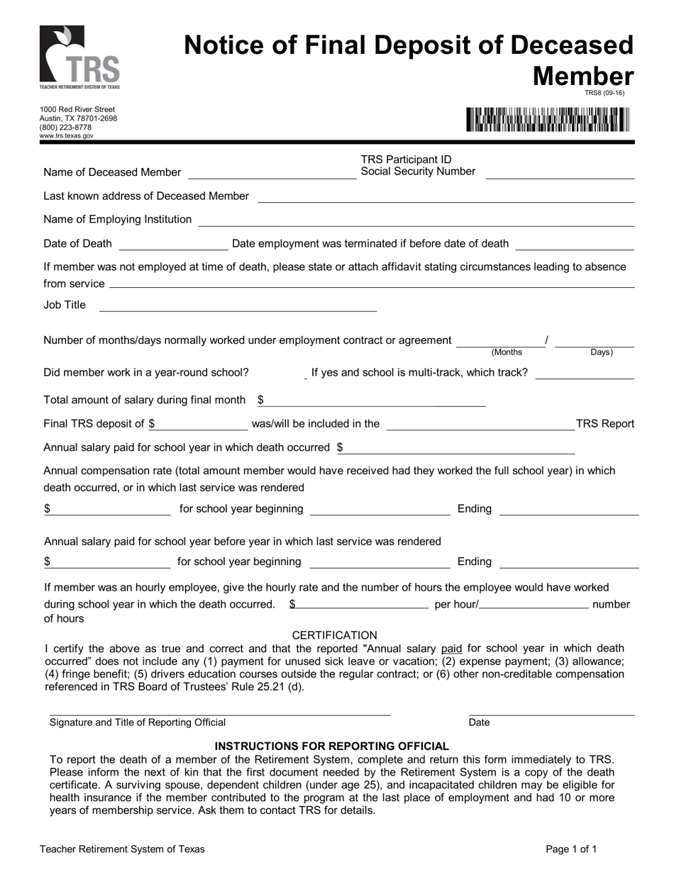 Form TRS8 Notice of Final Deposit of Deceased Member - Texas, Page 1
