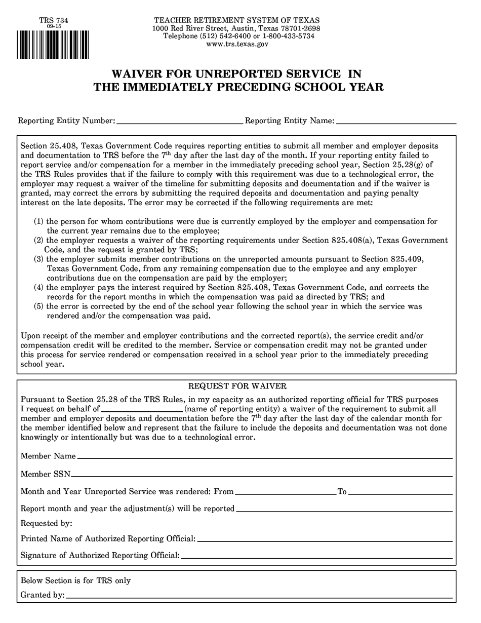 Form TRS734 Waiver for Unreported Service in the Immediately Preceding School Year - Texas, Page 1