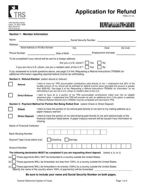 Form TRS6 Application for Refund - Texas