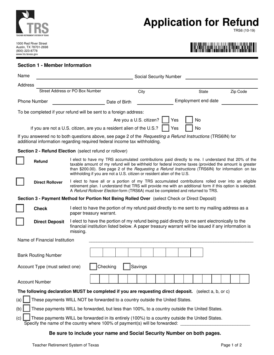 Form TRS6 Application for Refund - Texas, Page 1