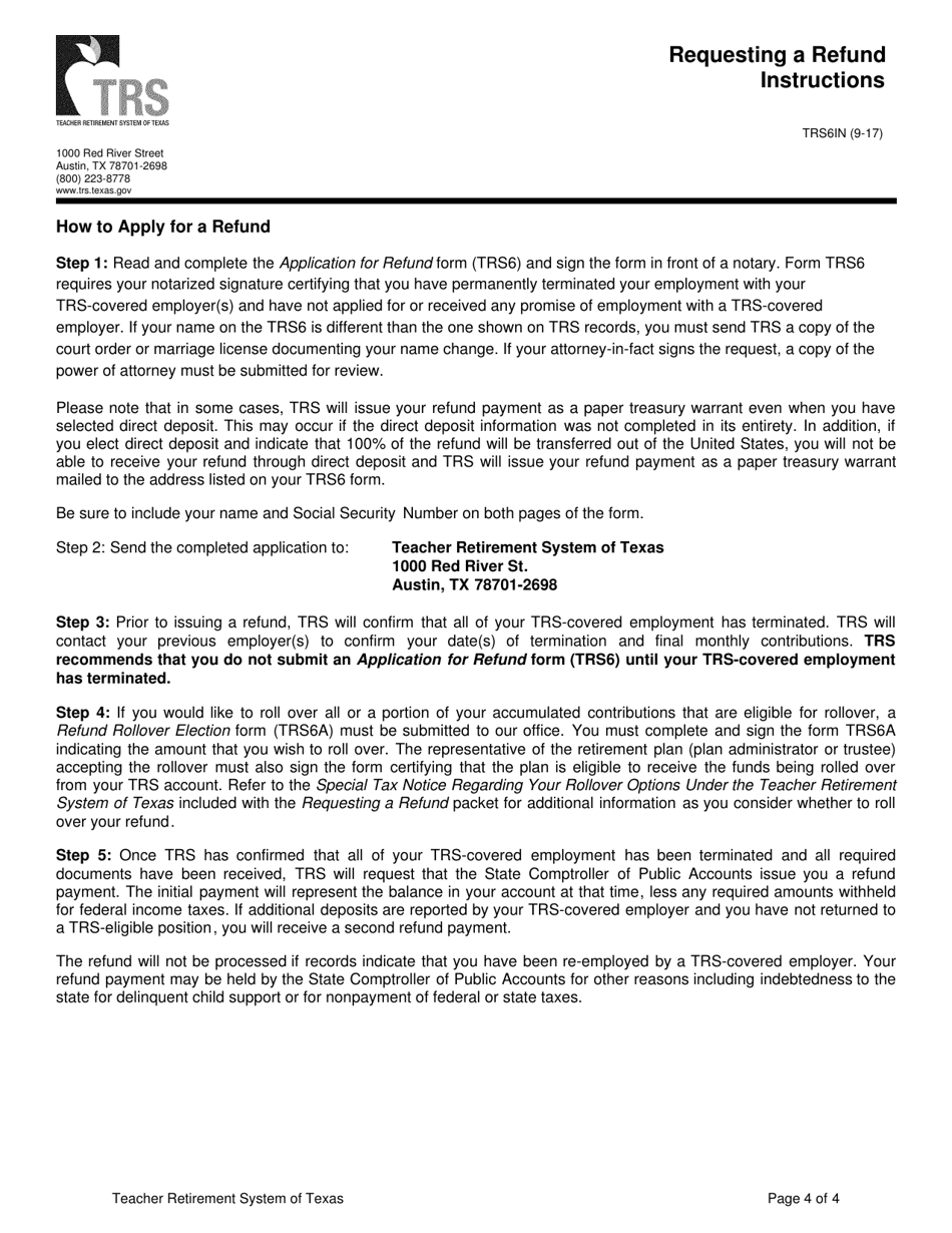 Form TRS6 Application for Refund - Texas, Page 6