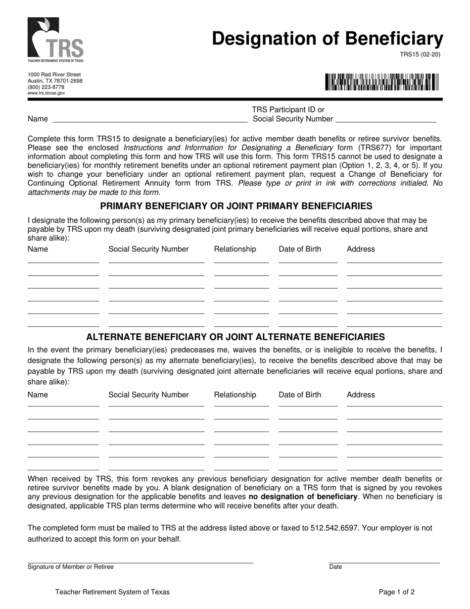 Form TRS15 Designation of Beneficiary - Texas, Page 1