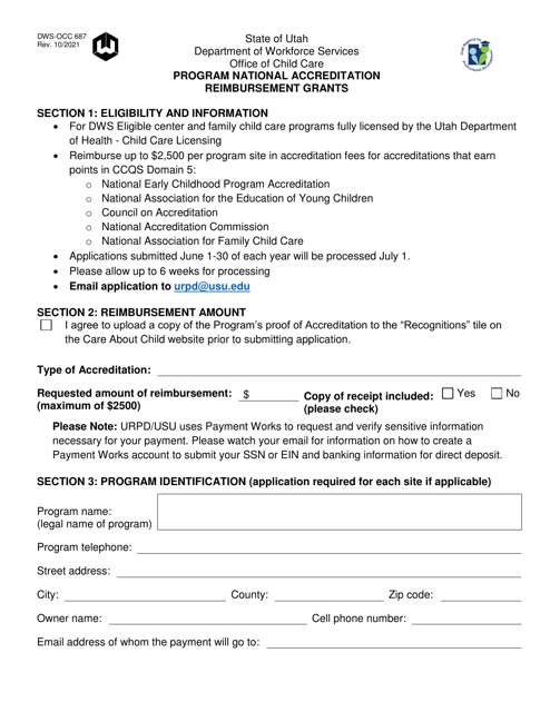 Form DWS-OCC687 Program Accreditation Reimbursement Grant Application - Utah