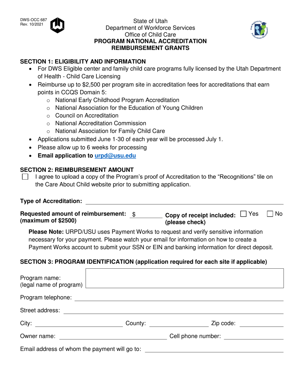 Form DWS-OCC687 Program Accreditation Reimbursement Grant Application - Utah, Page 1