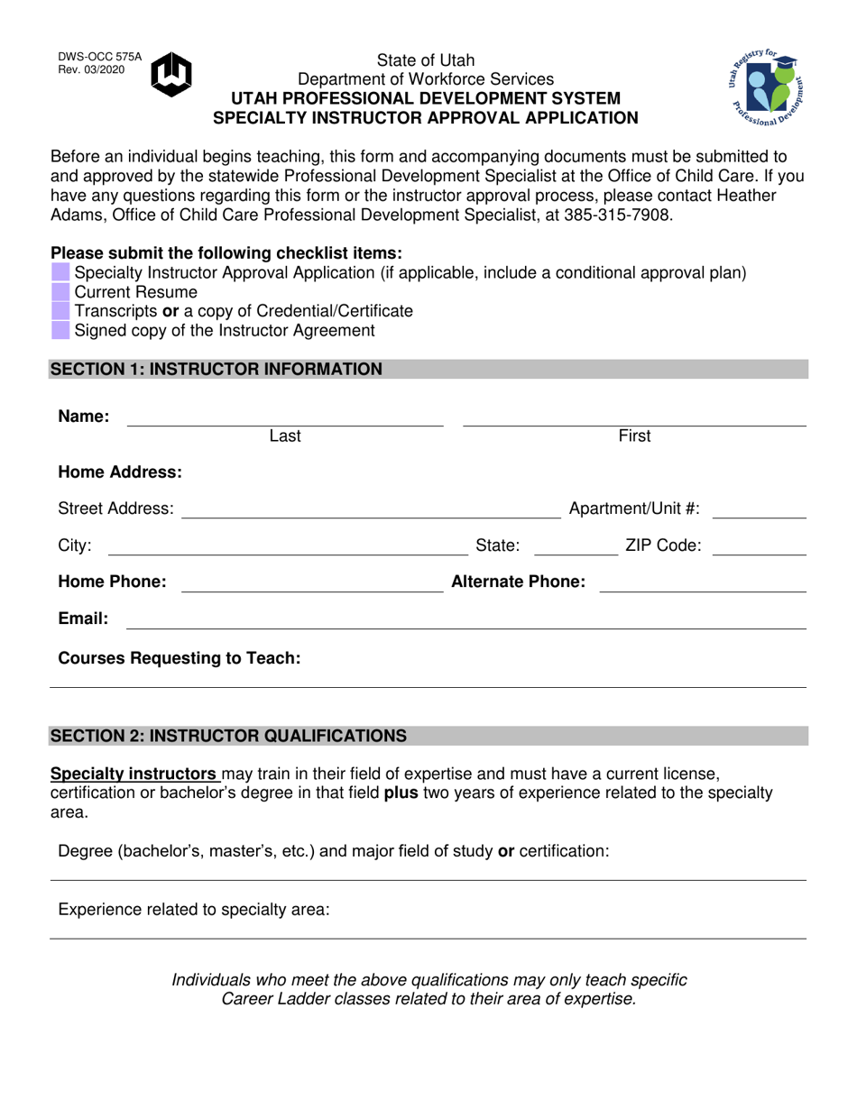 Form DWS-OCC575A Utah Professional Development System Specialty Instructor Approval Application - Utah, Page 1