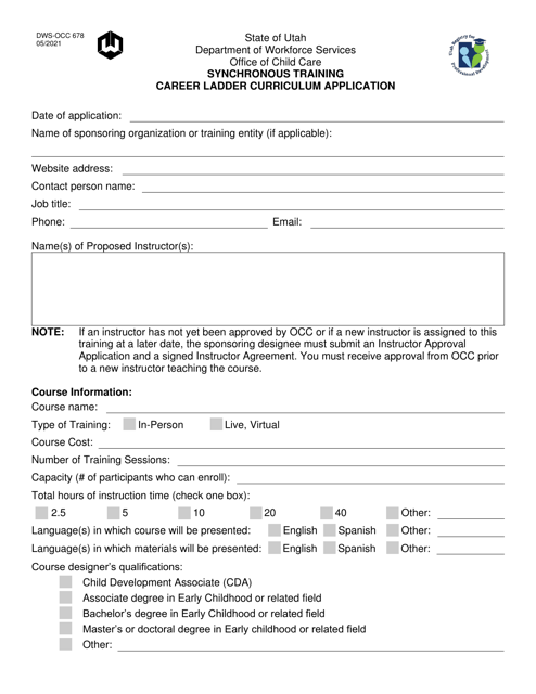 Form DWS-OCC678 Synchronous Training Career Ladder Curriculum Application - Utah