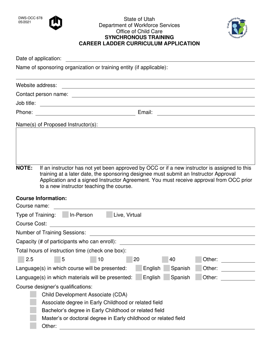 Form DWS-OCC678 Synchronous Training Career Ladder Curriculum Application - Utah, Page 1