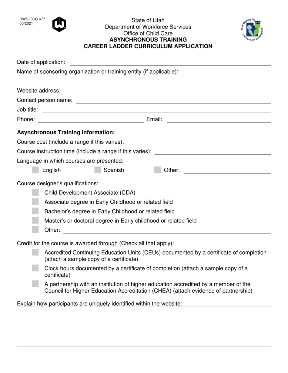 Form DWS-OCC677 Asynchronous Training Career Ladder Curriculum Application - Utah, Page 1
