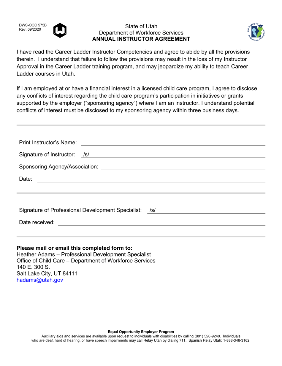 Form DWS-OCC575B Annual Instructor Agreement - Utah, Page 1