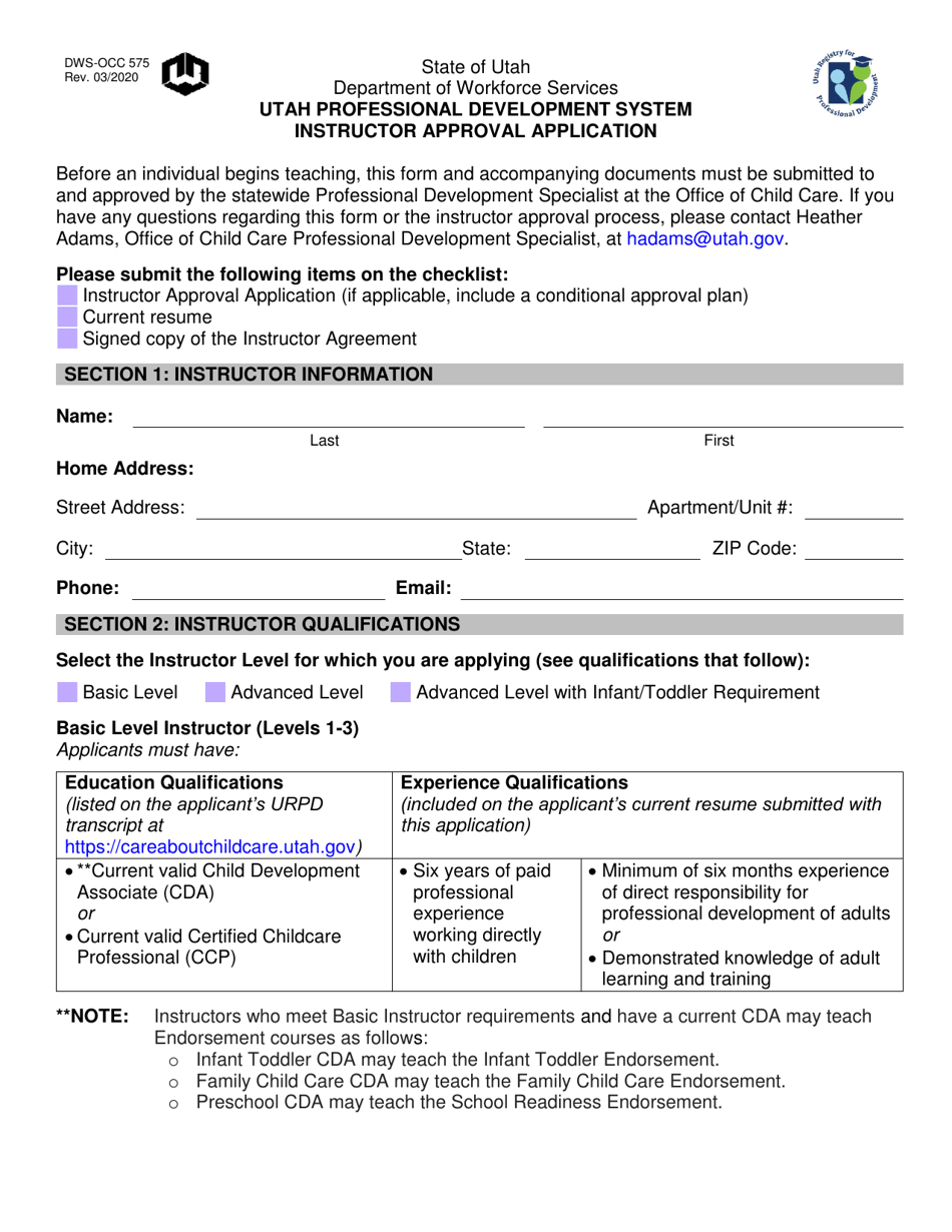 Form DWS-OCC575 Instructor Approval Application - Utah Professional Development System - Utah, Page 1