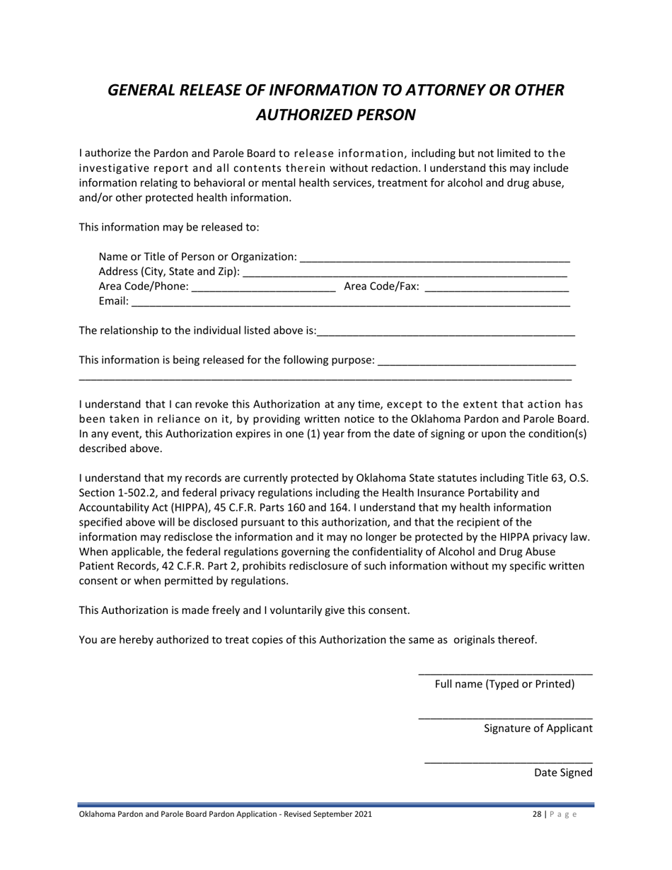 Oklahoma Pardon Application Fill Out, Sign Online and Download PDF