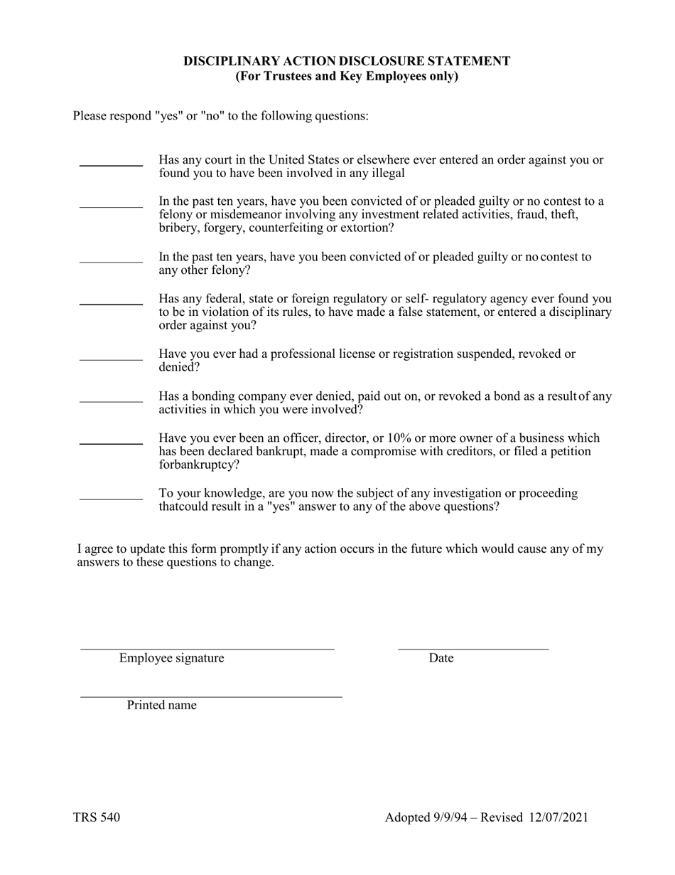 Form TRS540 Disciplinary Action Disclosure Statement (For Trustees and Key Employees Only) - Texas, Page 1