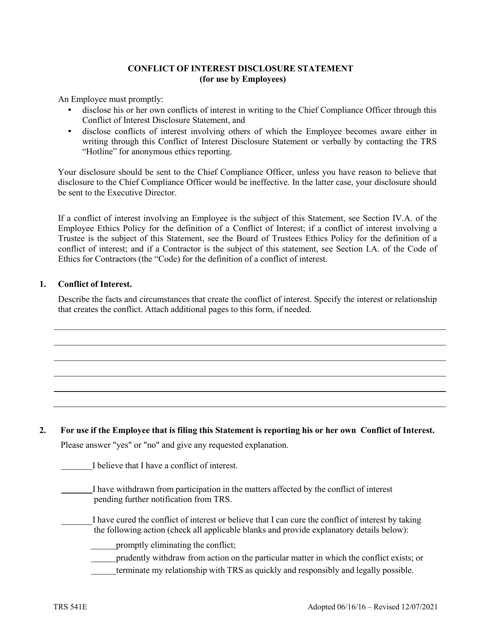 Form TRS541E Conflict of Interest Disclosure Statement (For Use by Employees) - Texas