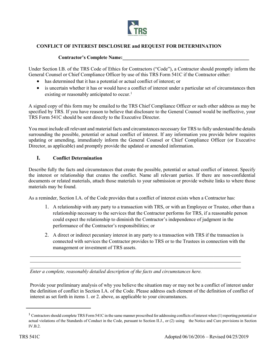 Form TRS541C Conflict of Interest Disclosure and Request for Determination - Texas, Page 1