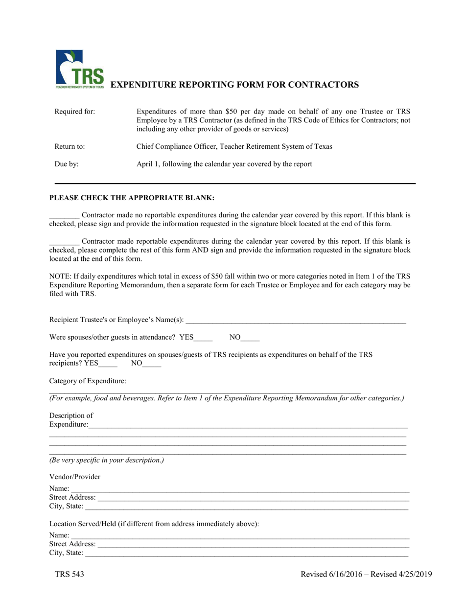 Form TRS543 Expenditure Reporting Form for Contractors - Texas, Page 1
