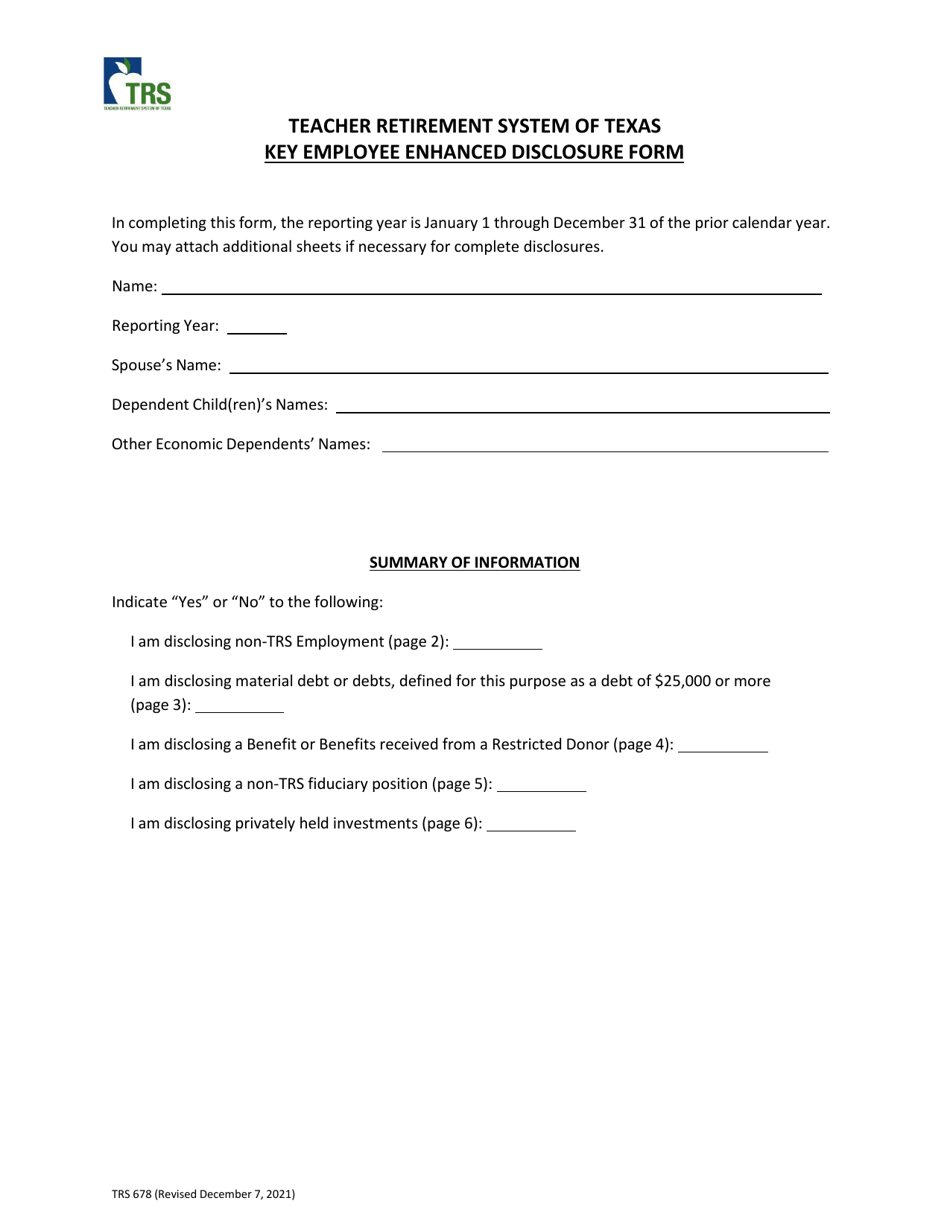 Form TRS678 Key Employee Enhanced Disclosure Form - Texas, Page 1