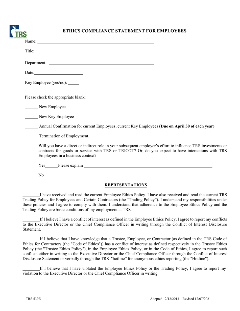Form TRS539E Ethics Compliance Statement for Employees - Texas, Page 1