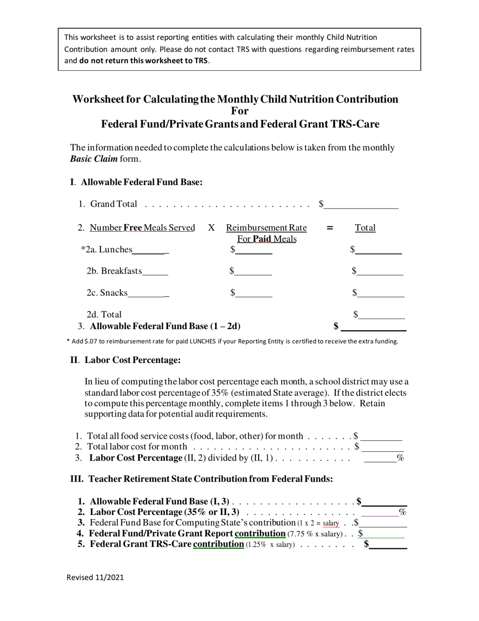 Worksheet for Calculating the Monthly Child Nutrition Contribution for Federal Fund / Private Grants and Federal Grant Trs-Care - Texas, Page 1
