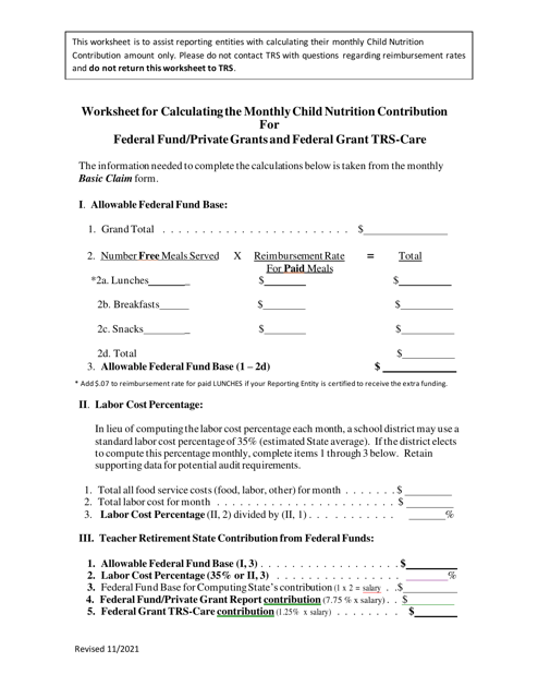 Worksheet for Calculating the Monthly Child Nutrition Contribution for Federal Fund/Private Grants and Federal Grant Trs-Care - Texas
