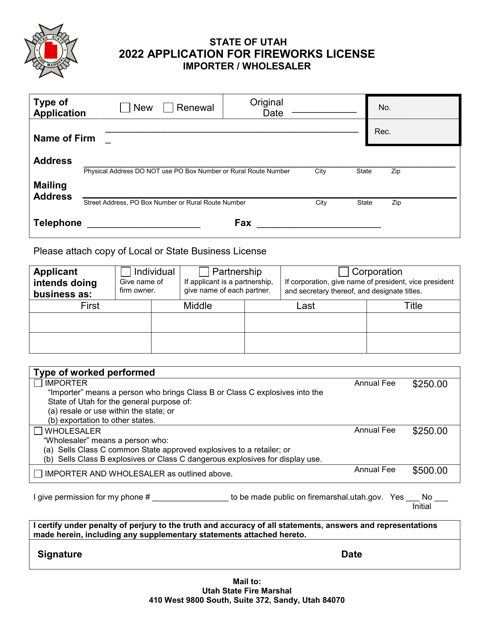 Application for Fireworks License - Importer/Wholesaler - Utah, 2022