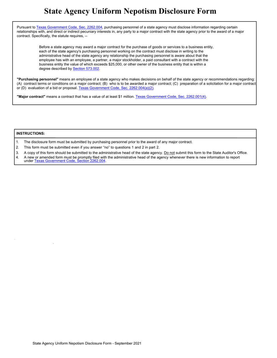 State Agency Uniform Nepotism Disclosure Form - Texas, Page 1