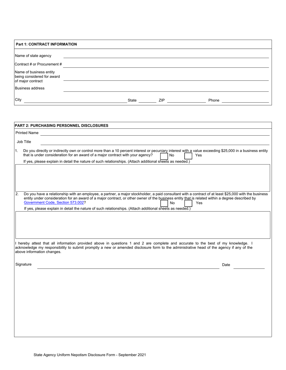 State Agency Uniform Nepotism Disclosure Form - Texas, Page 2