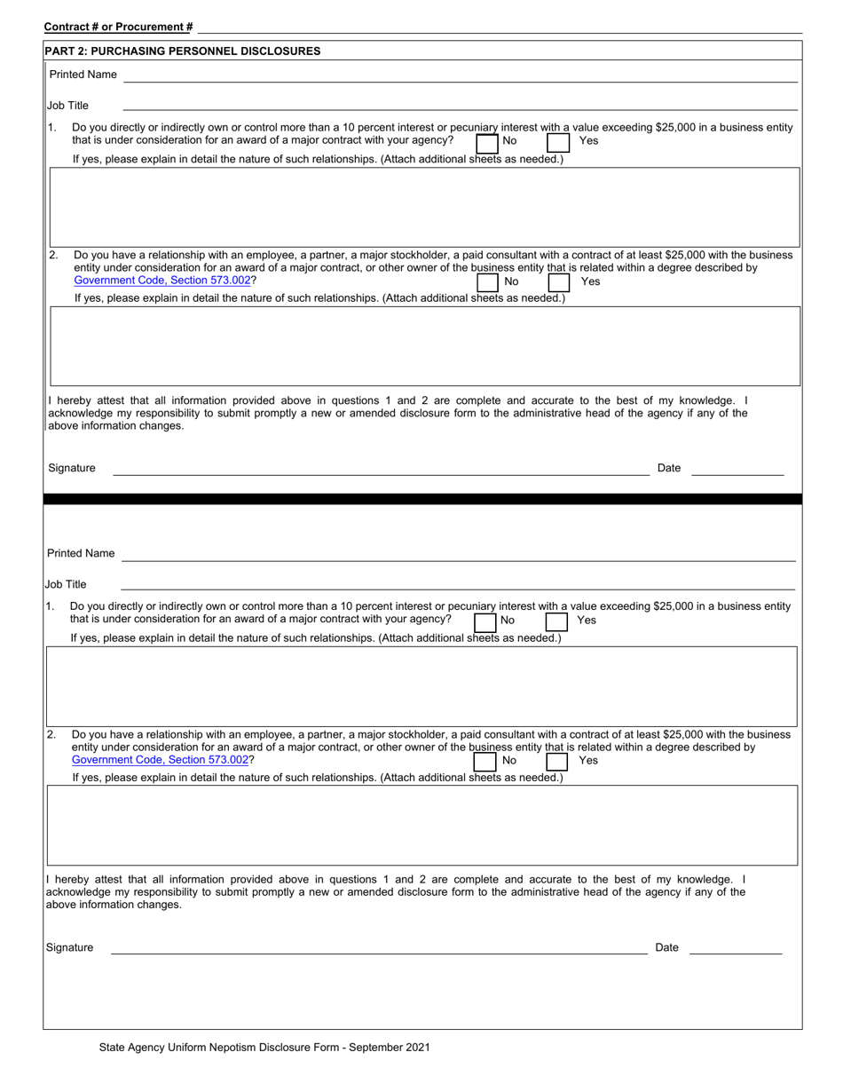 State Agency Uniform Nepotism Disclosure Form - Texas, Page 3