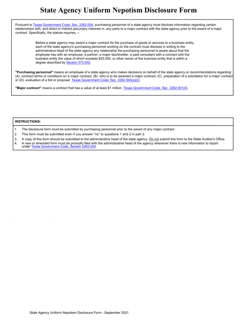 State Agency Uniform Nepotism Disclosure Form - Texas Download Pdf