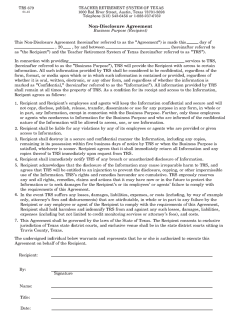 Form TRS679 Non-disclosure Agreement - Texas