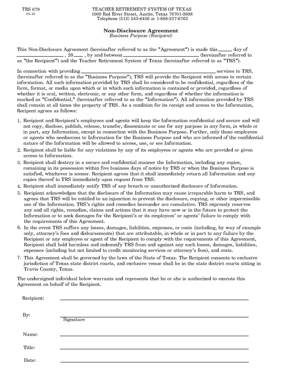 Form TRS679 Non-disclosure Agreement - Texas, Page 1