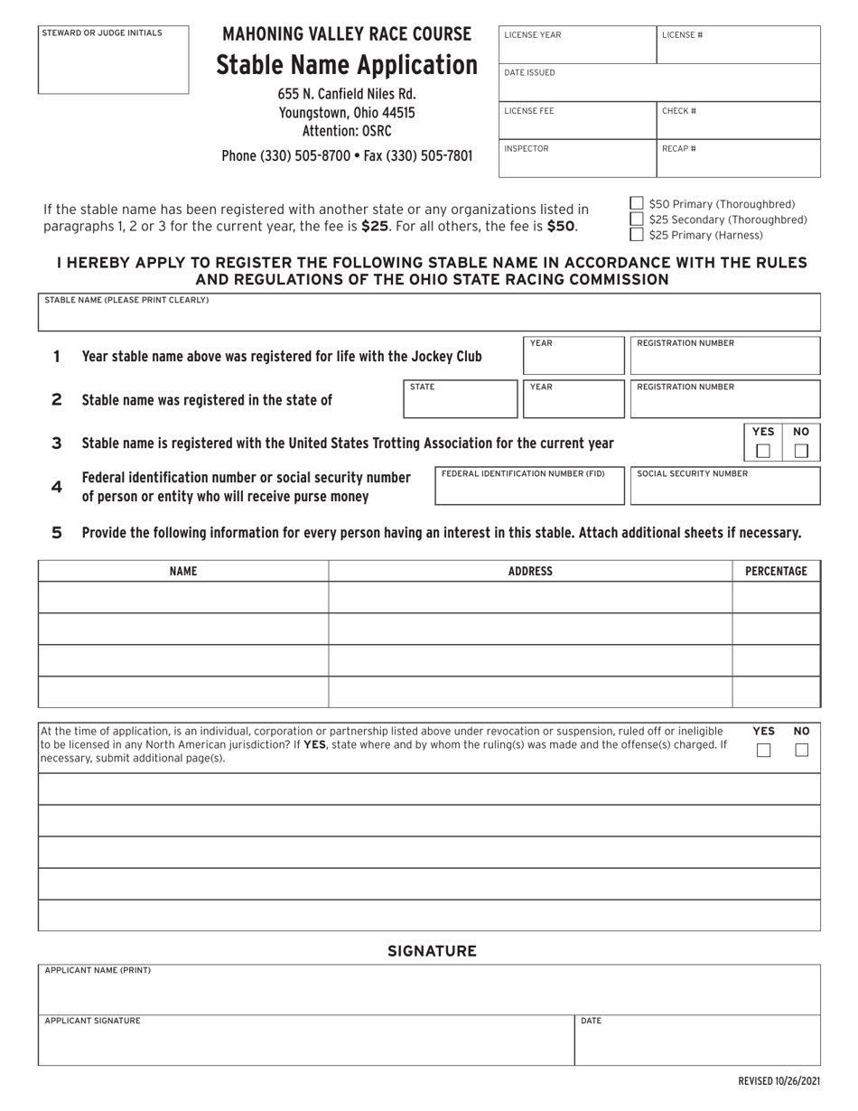 Stable Name Application - Mahoning Valley Race Course - Ohio, Page 1