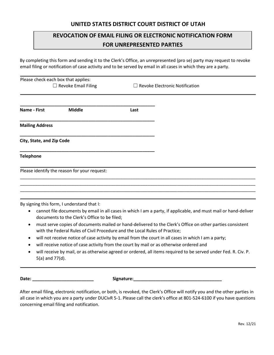 Revocation of Email Filing or Electronic Notification Form for Unrepresented Parties - Utah, Page 1