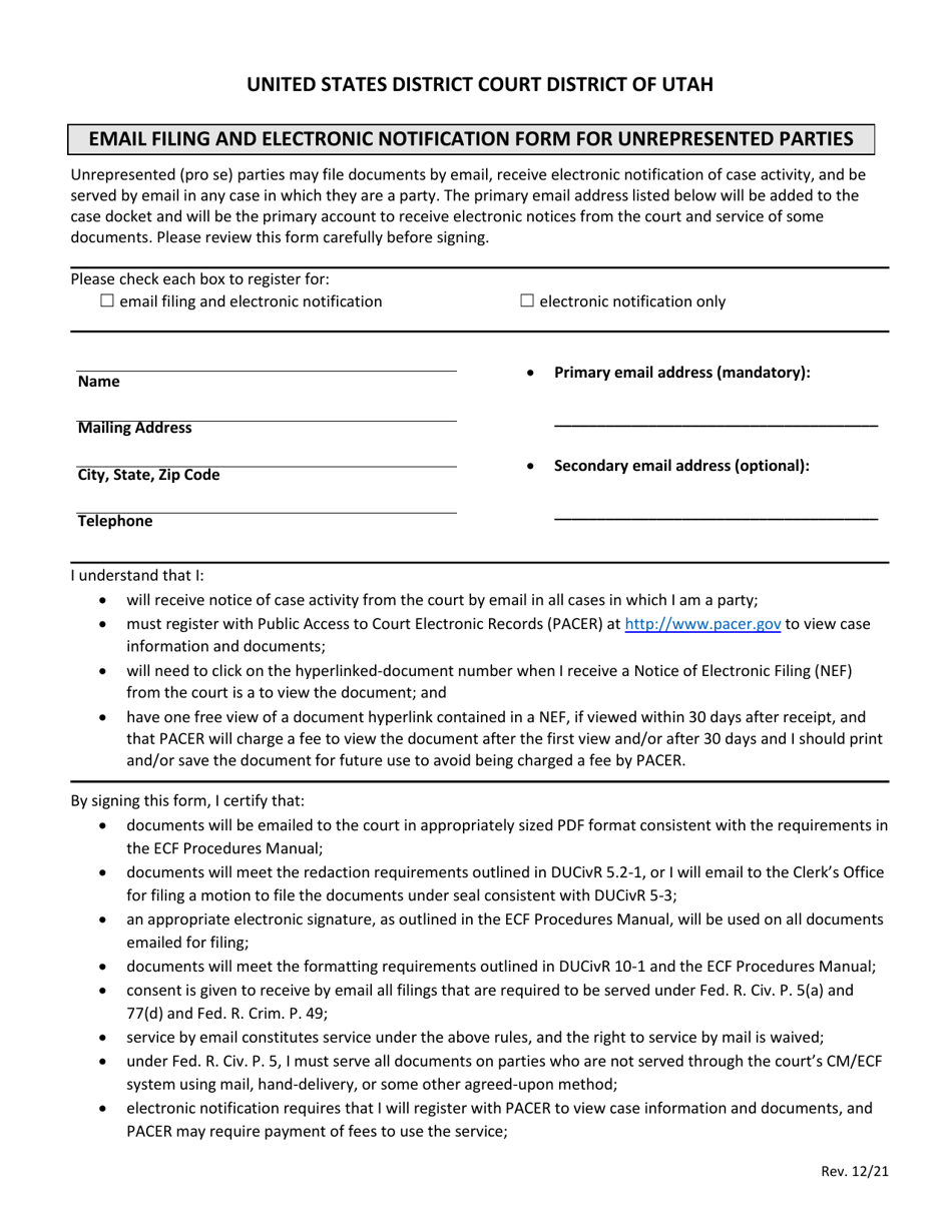 Utah Email Filing and Electronic Notification Form for Unrepresented
