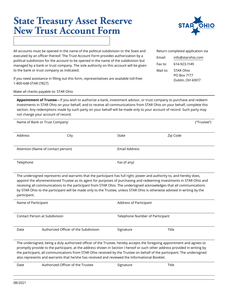 State Treasury Asset Reserve New Trust Account Form - Ohio, Page 1