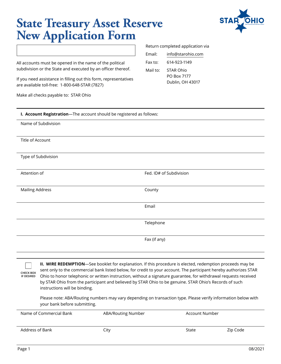 State Treasury Asset Reserve New Application Form - Ohio, Page 1