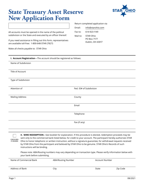 State Treasury Asset Reserve New Application Form - Ohio