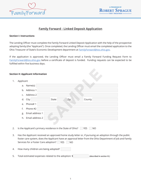 Family Forward - Linked Deposit Application - Sample - Ohio Download Pdf