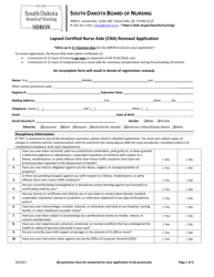 Lapsed Certified Nurse Aide (Cna) Renewal Application - South Dakota