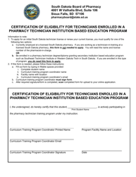 Document preview: Certification of Eligibility for Technicians Enrolled in a Pharmacy Technician Institution Based Education Program - South Dakota