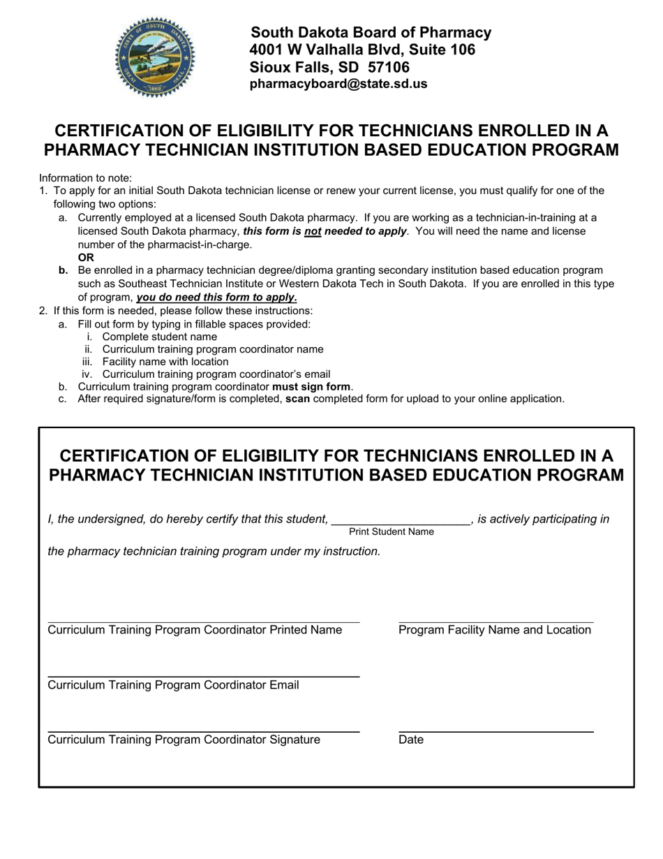 Certification of Eligibility for Technicians Enrolled in a Pharmacy Technician Institution Based Education Program - South Dakota, Page 1