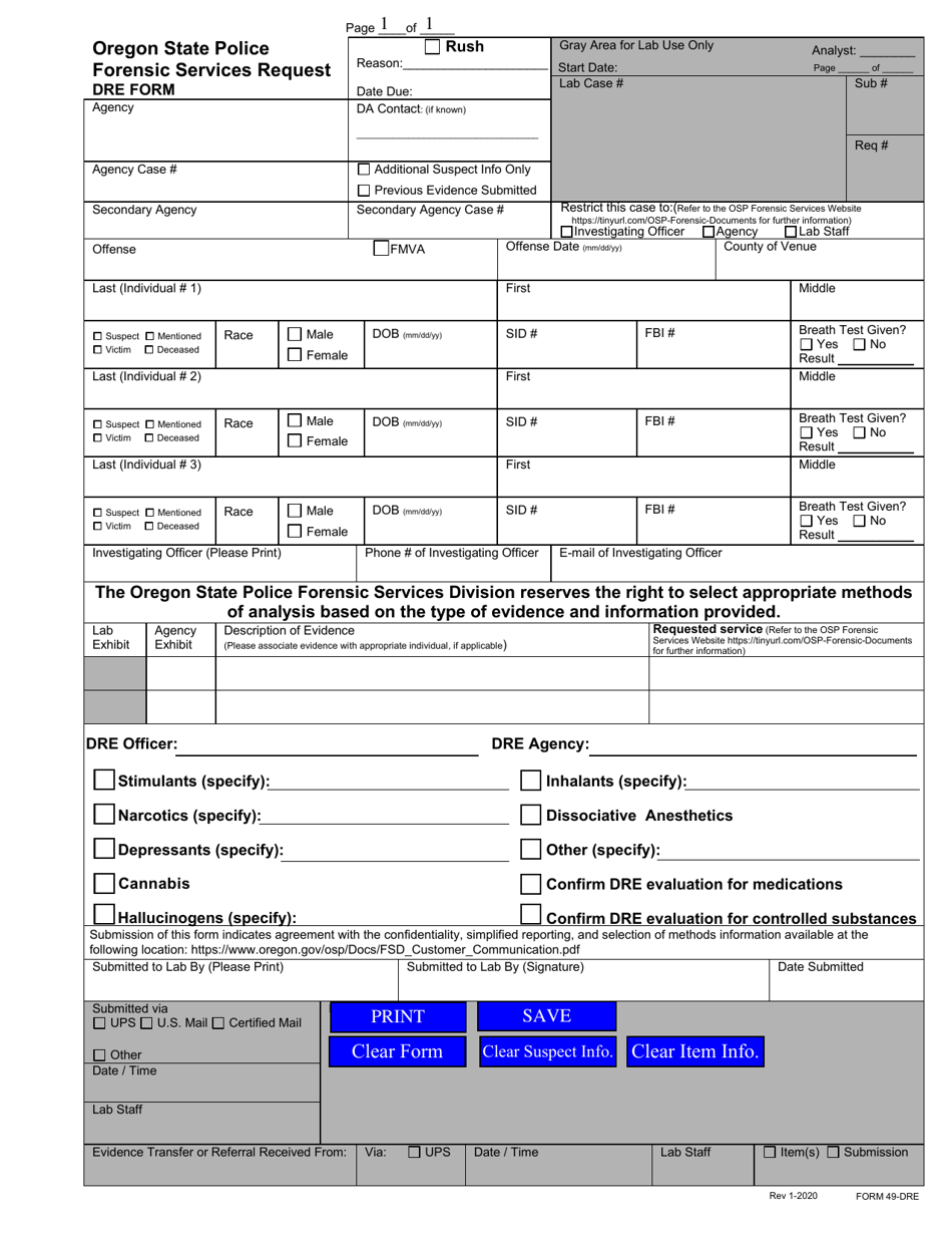 Form 49 Dre Request for Forensic Services - Oregon, Page 1