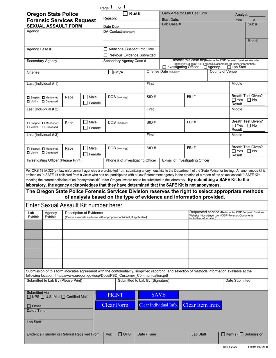 Form 49 Sex Offense Request for Forensic Services - Oregon, Page 1