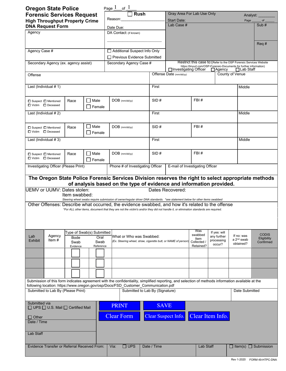Form 49 High Throughput Property Crime Dna Request for Forensic Services Division - Oregon, Page 1