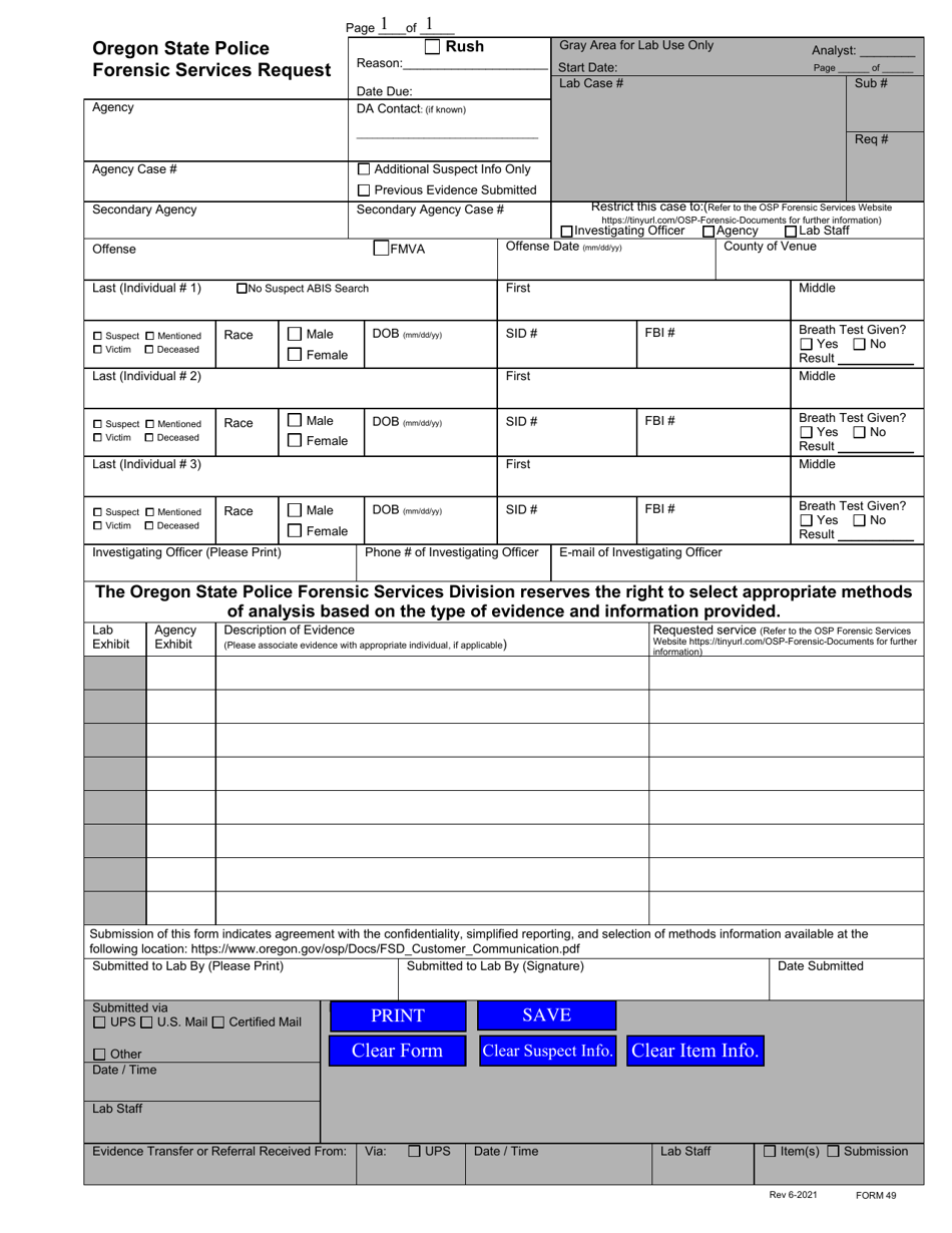 Form 49 General Request for Forensic Services - Oregon, Page 1