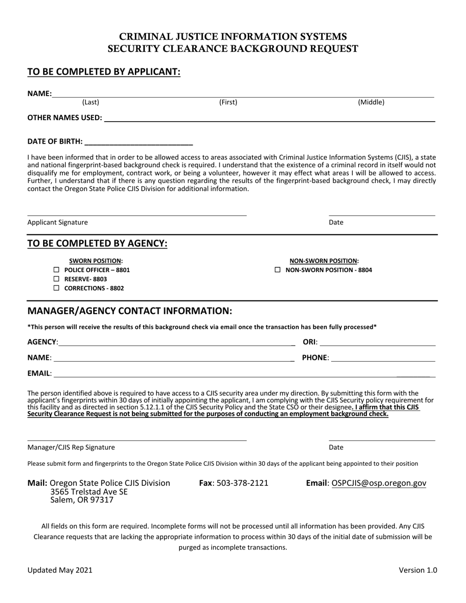 Security Clearance Background Request - Oregon, Page 1