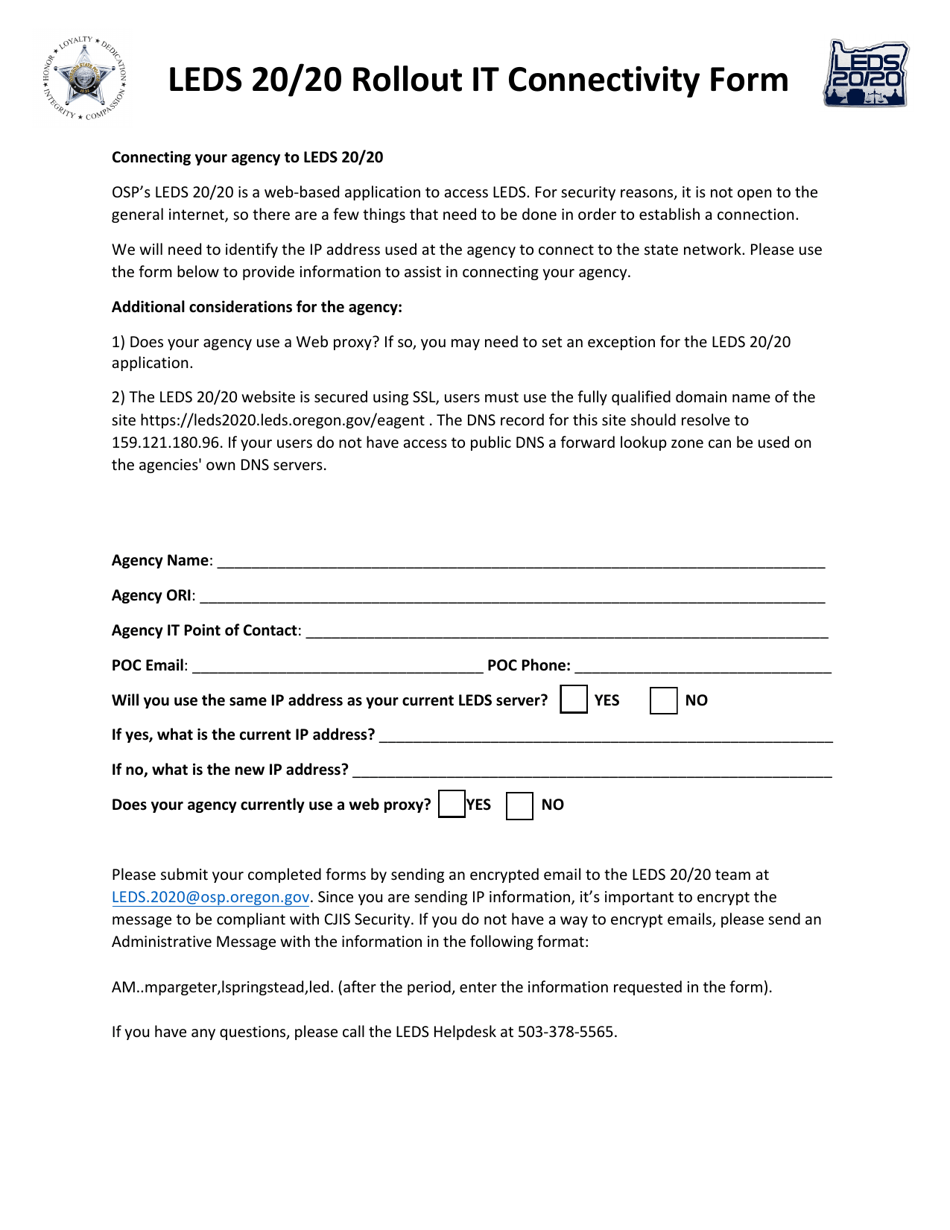 Oregon Leds 20/20 Rollout It Connectivity Form Fill Out, Sign Online