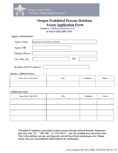 Oregon Prohibited Persons Database Access Application Form - Oregon